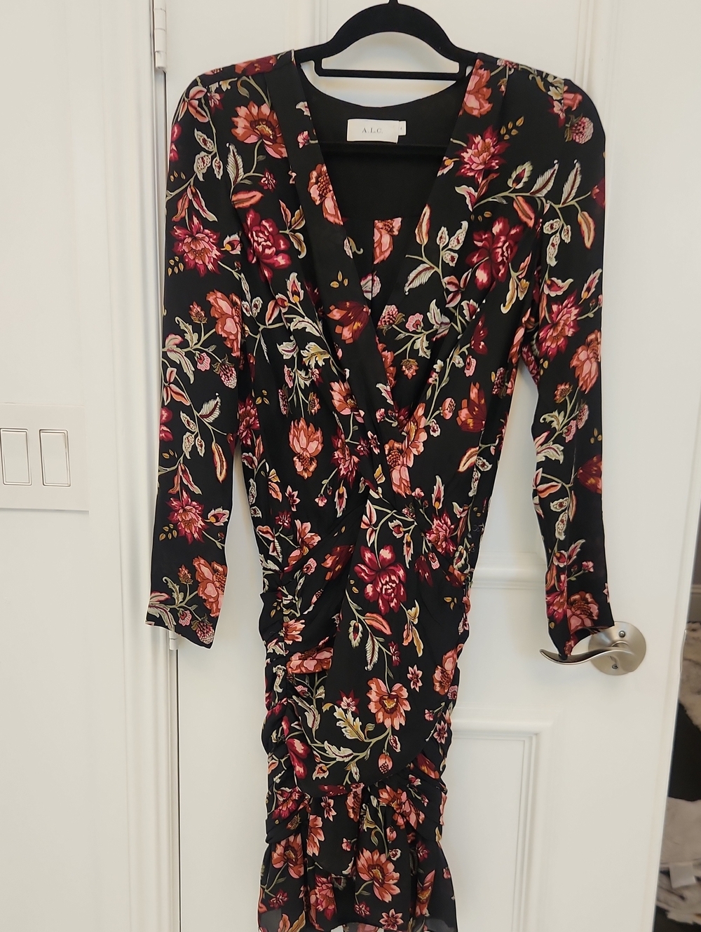 A.L.C. Black Floral Wrap Dress with Burgundy and Peach Blooms